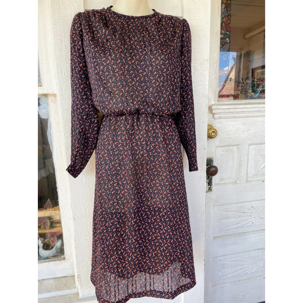 Vintage 1970s Small Navy Floral Print Sheer Dress Size 6